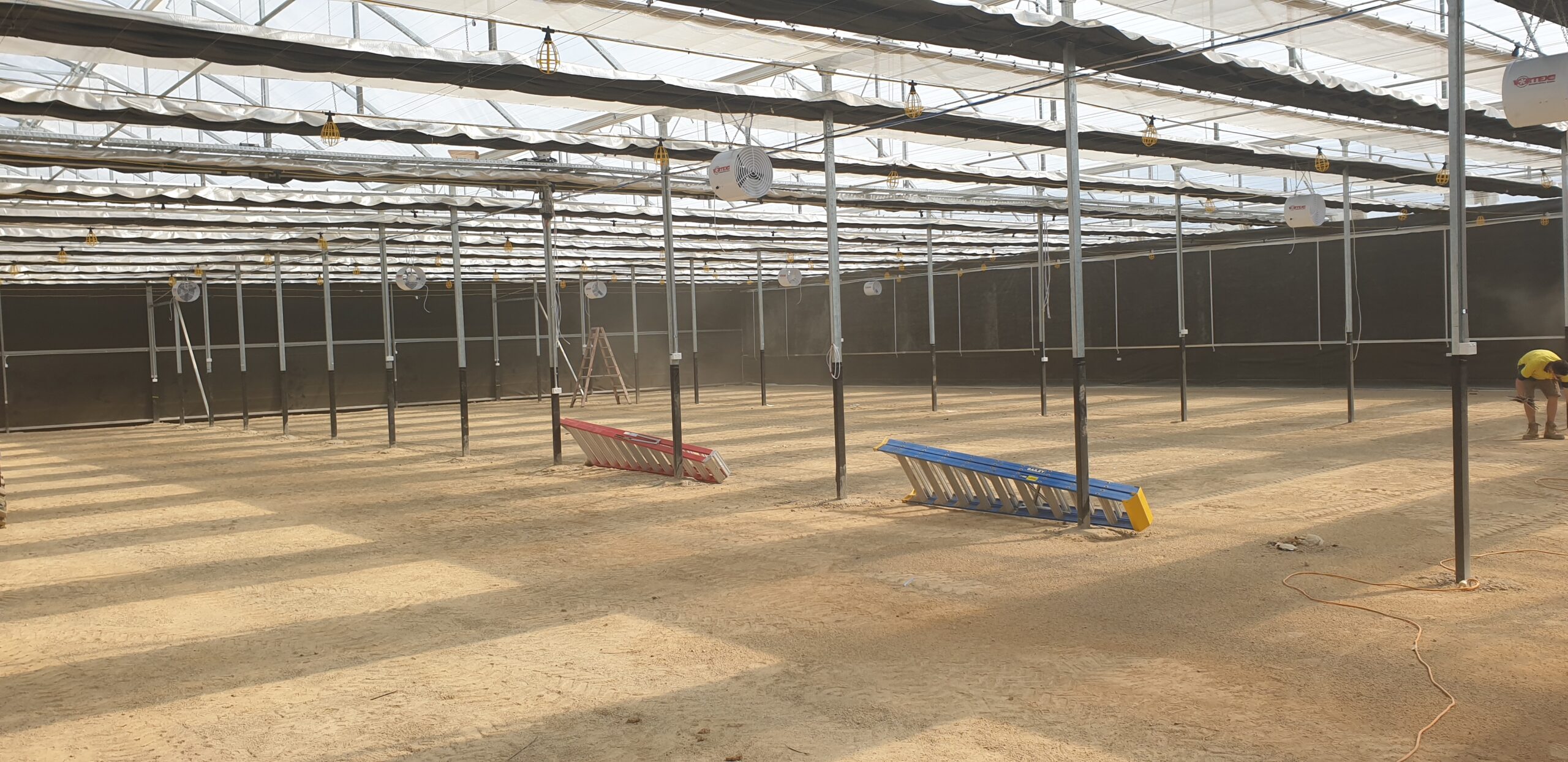 Empty interior of medicinal structure - two ladders lying against polls - earthy ground