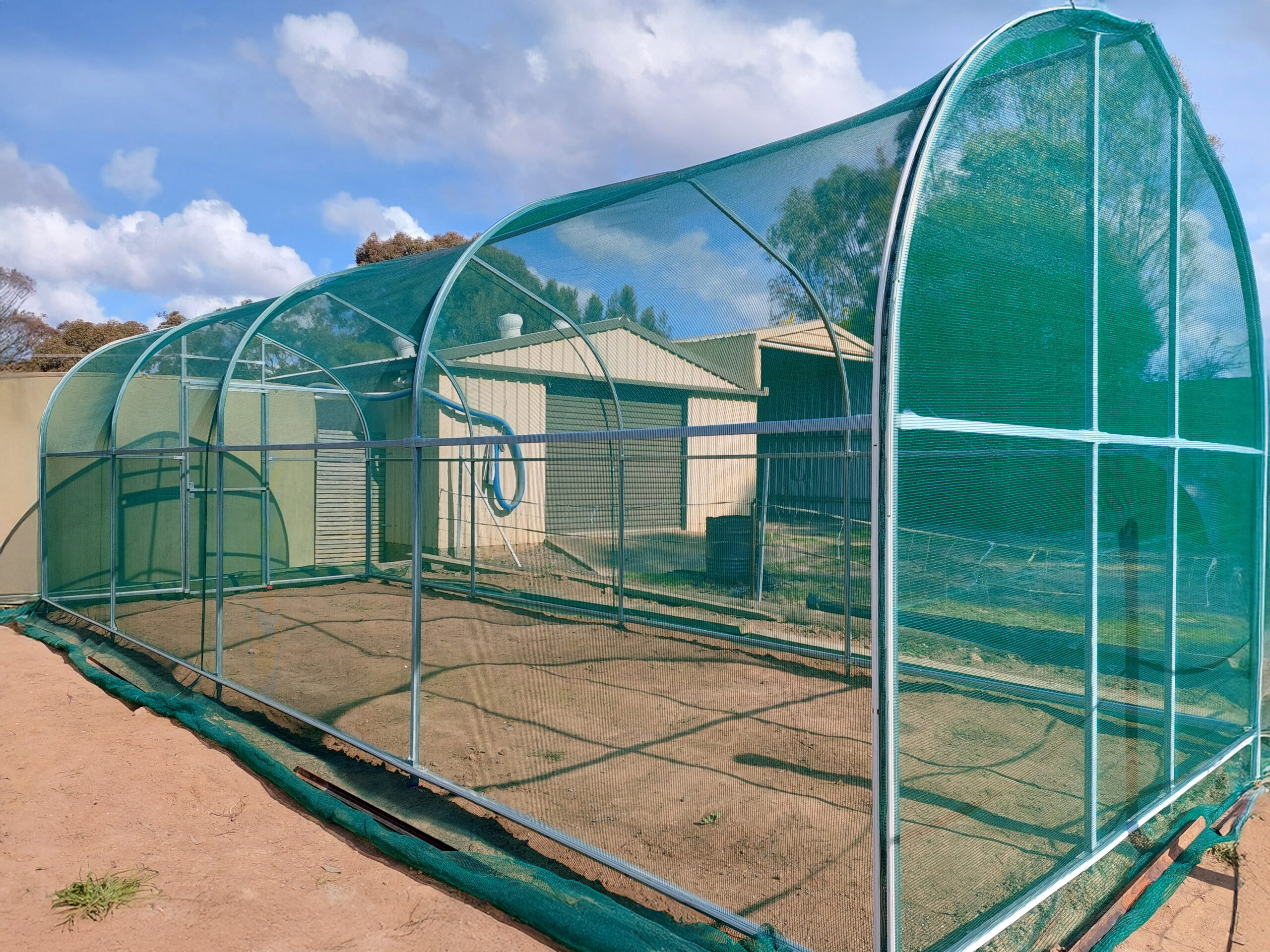 Netted domestic greenhouse with domestic buildings in the background, on rural earth