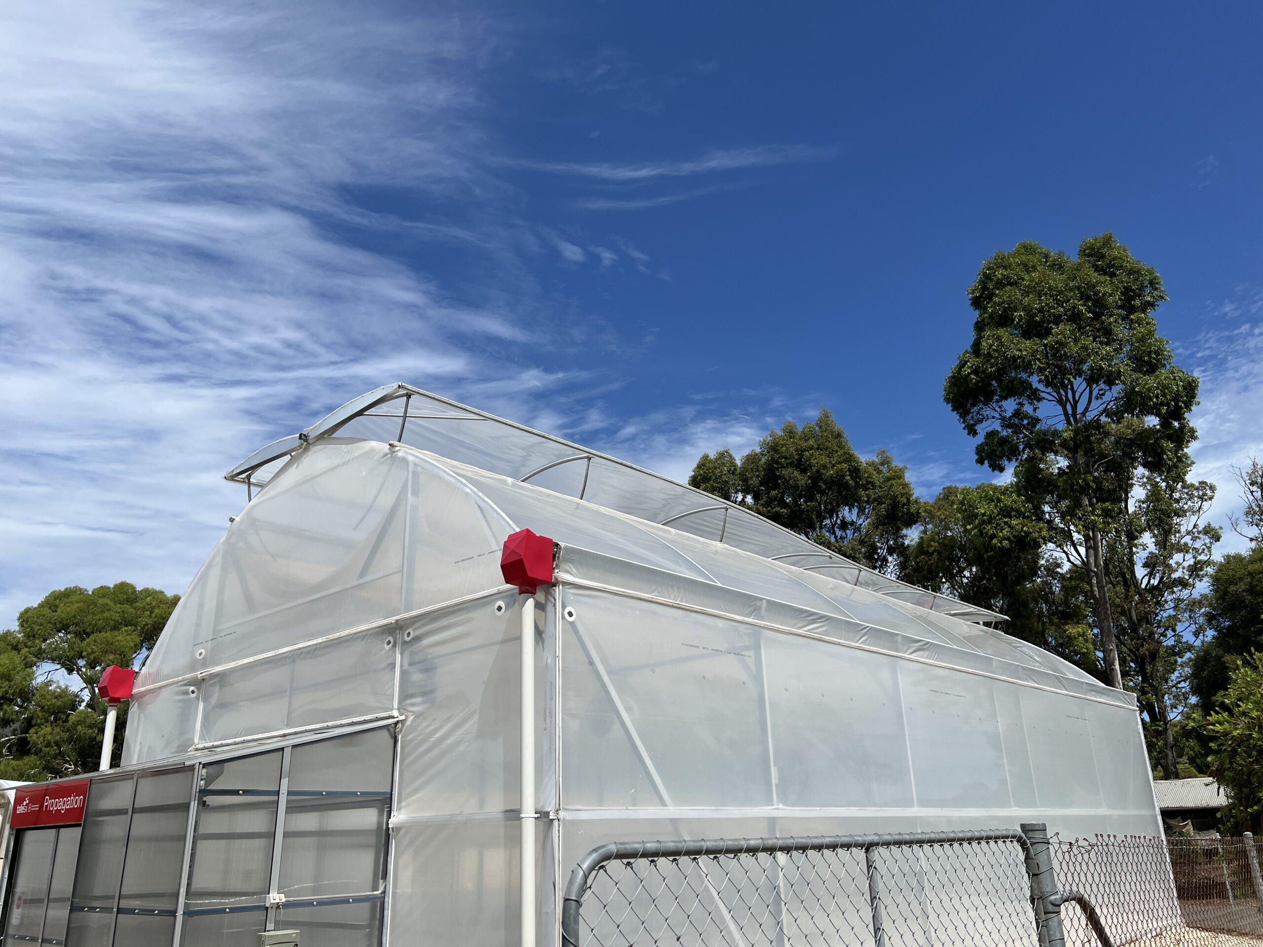 Wide angle view of roof ventilated greenhouse from the outside - blue sky with clouds coming in on the left
